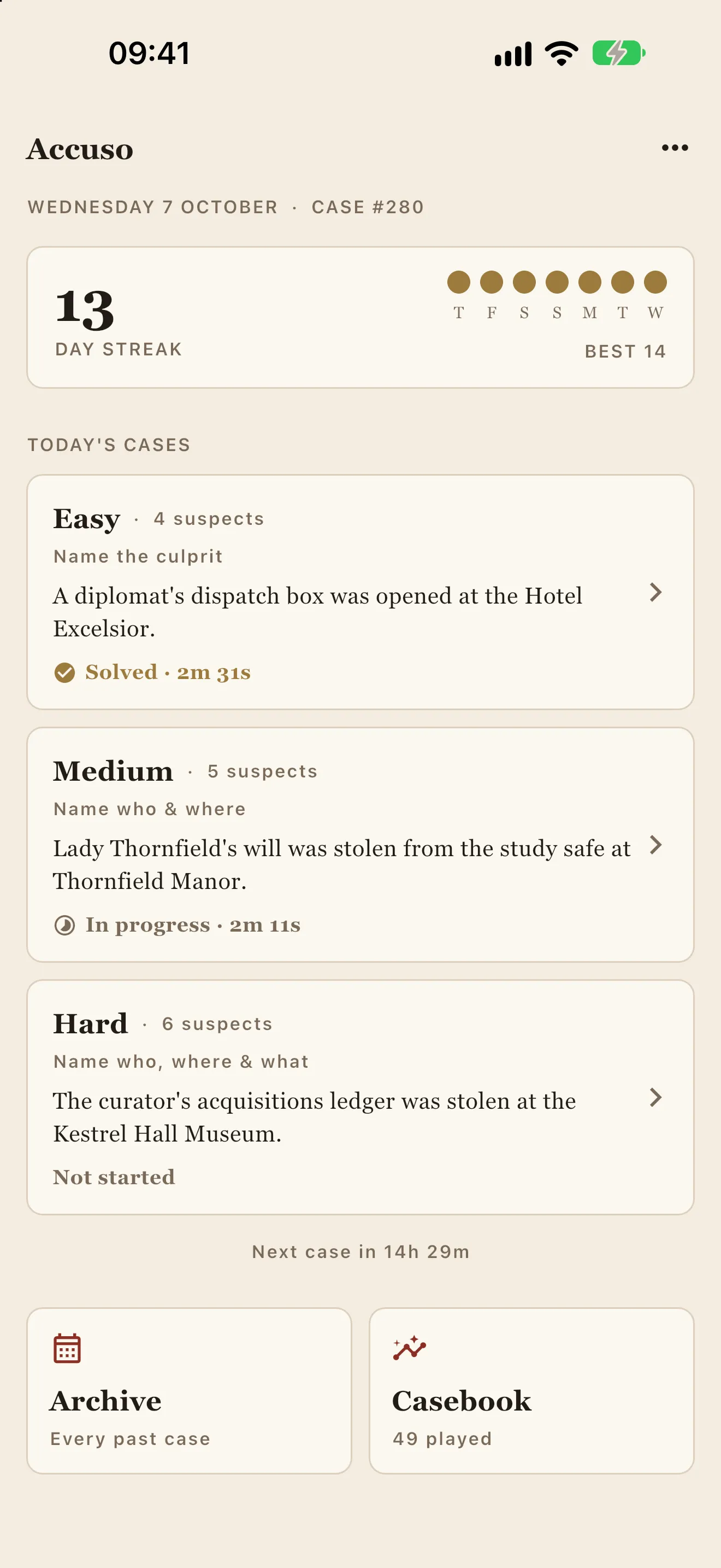 Home page: a day streak and today’s easy, medium and hard cases
